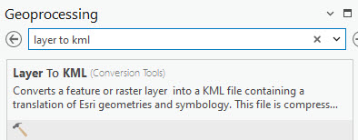 Screenshot of searching for the Layer to KML tool.