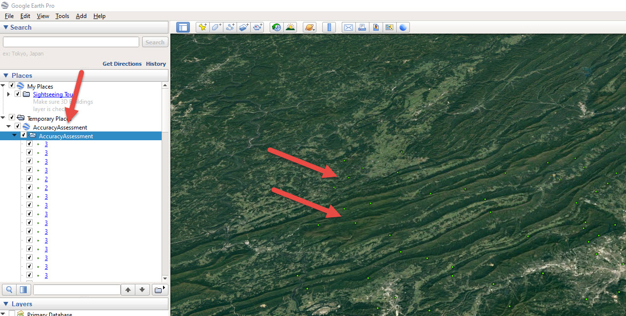 Screenshot of a KML file added to Google Earth.