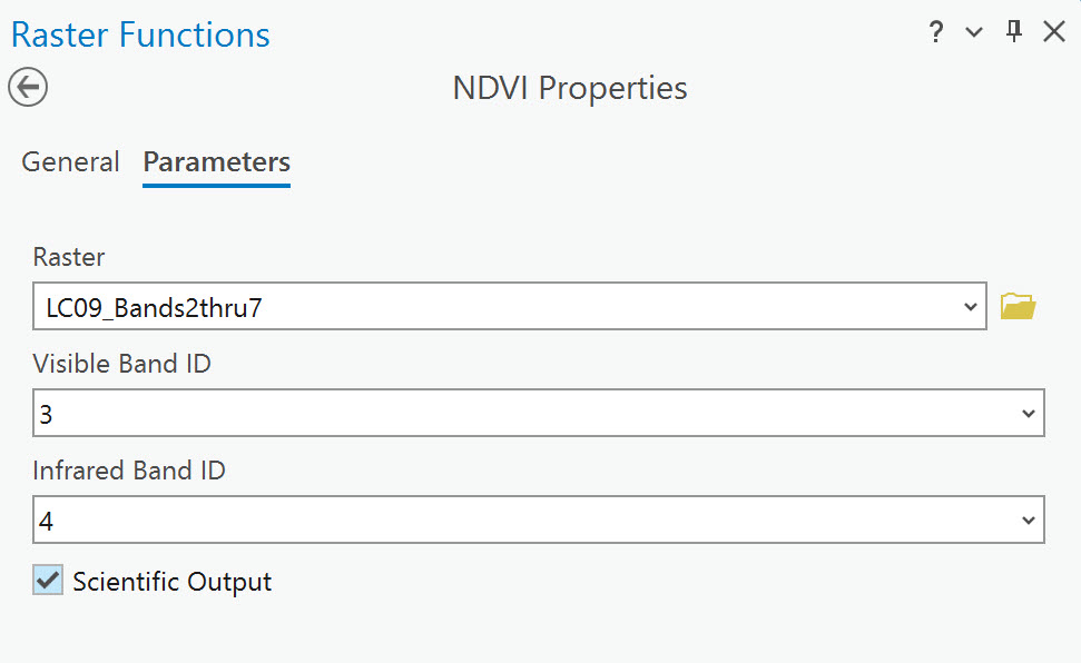 Screenshot of NDVI properties.