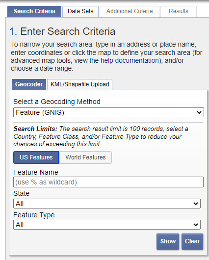Screenshot of the search criteria tab.