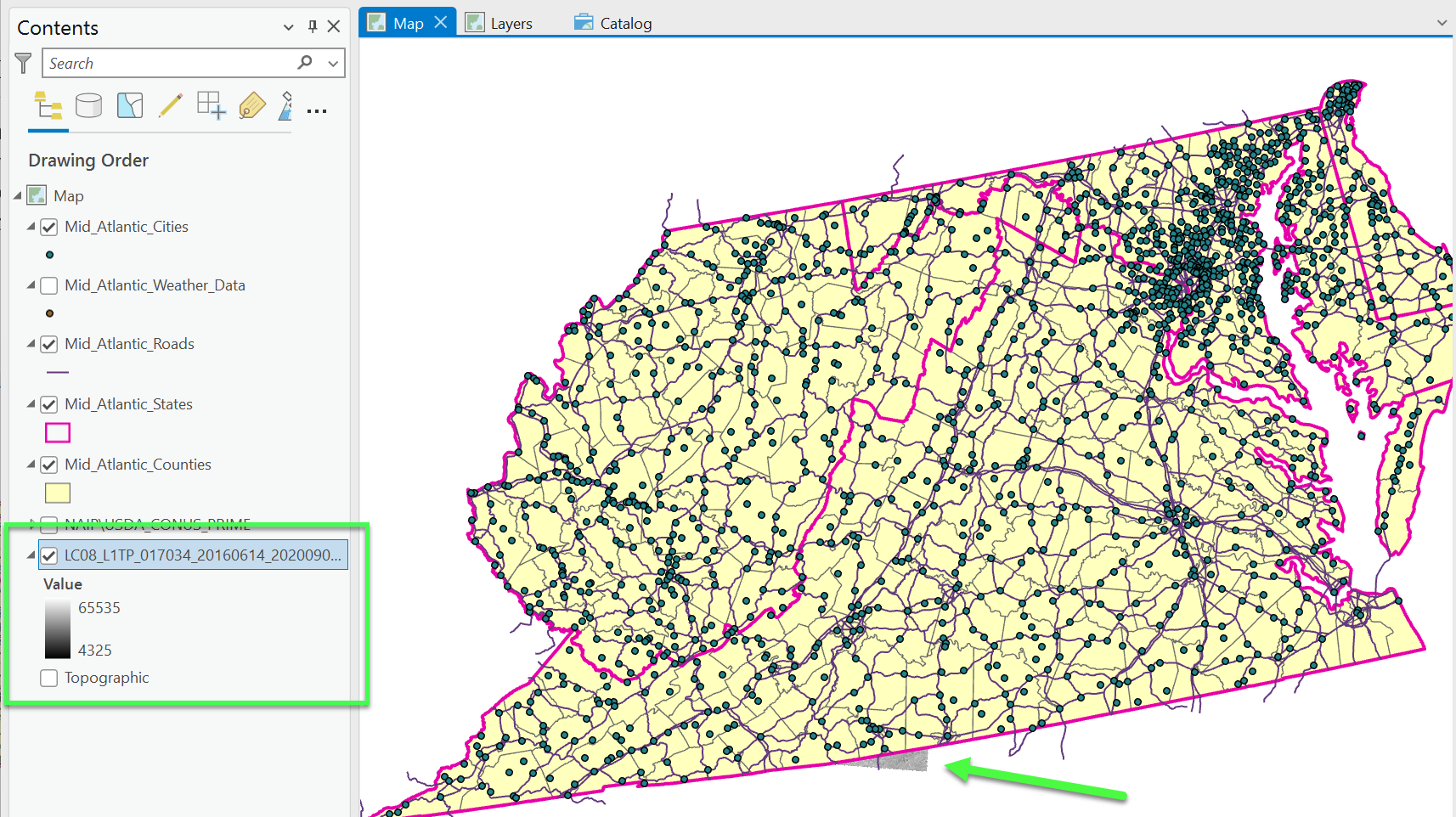 Image showing a screenshot of points, lines, and polygons displayed in random colors by GIS.
