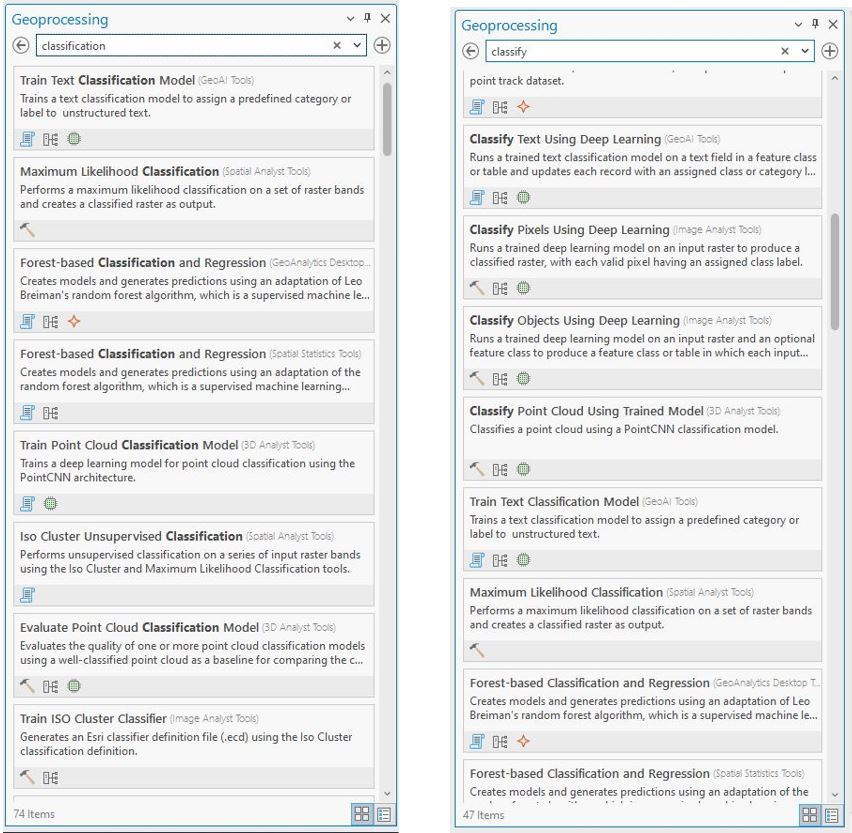 Screenshot of classification options in the Geoprocessing tool.