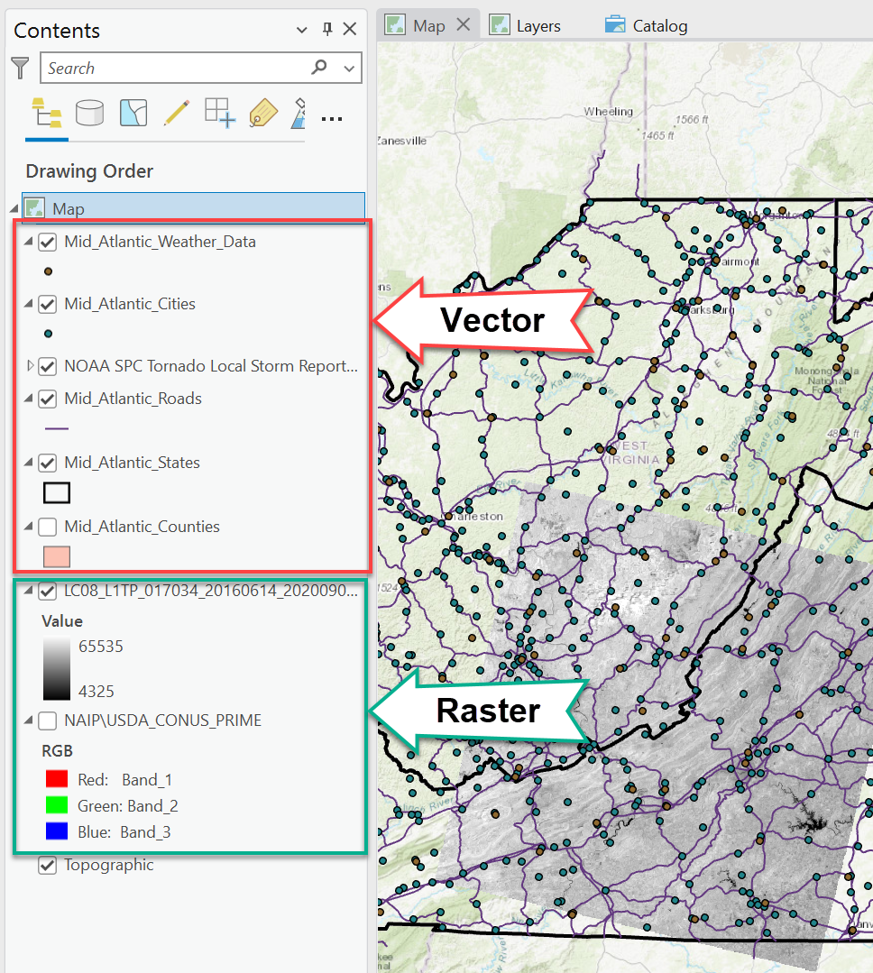 Image showing a screenshot of raster and vector data shown in contents.