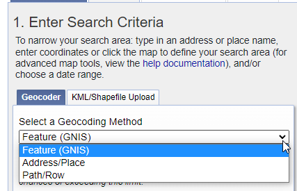 Screenshot of search criteria methods.