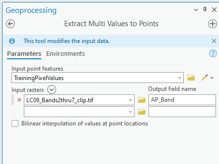 Screenshot of the extract multi values to points tool.