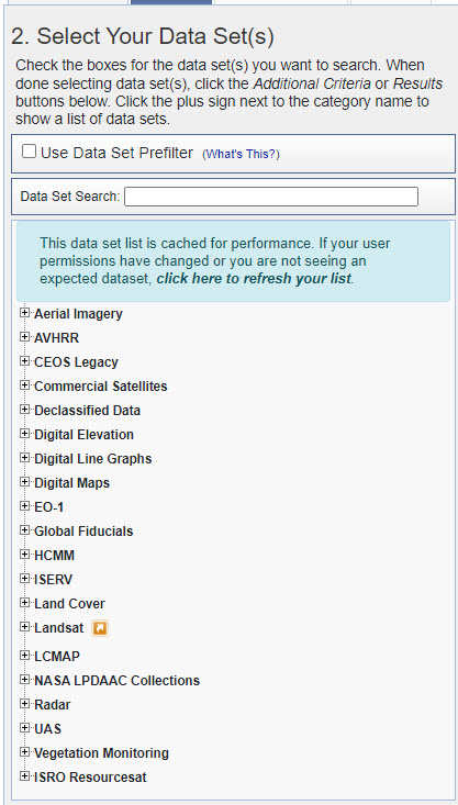 Screenshot of exploring data sets in Earth Explorer.