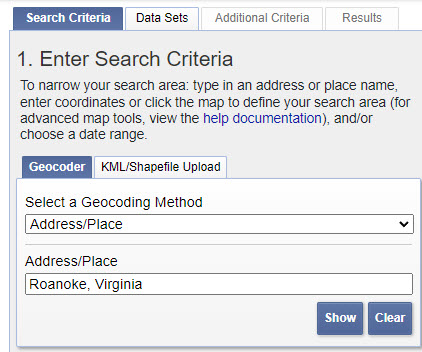 Screenshot of the search by address/place page.