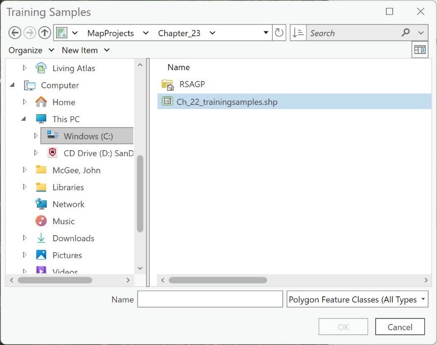 Screenshot of dialog box associated with the training samples shapefile.