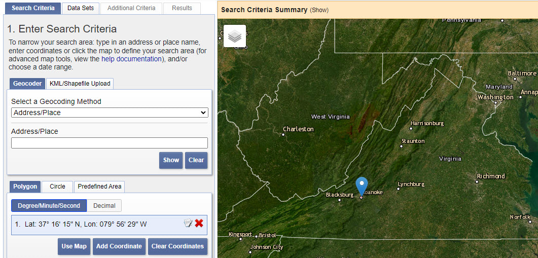 Screenshot of using the map interface to search by location.