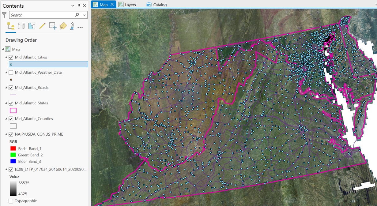 Image showing a screenshot of NAIP aerial photos displayed in RGB via the USDA online server connection and overlaid on Landsat 8 Band 5.