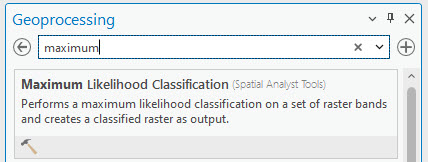 Screenshot of searching for the Maximum Likelihood Classification tool.
