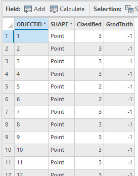 Screenshot of attribute table for the accuracy assessment points feature class.