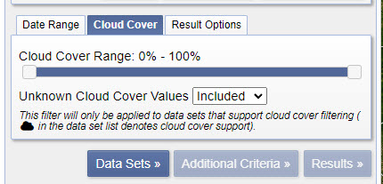 Screenshot of refining a search by percentage cloud cover.