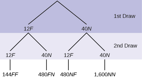 This is a tree diagram with branches showing frequencies of each draw. The first branch shows two lines: 12F and 40N. The second branch has a set of two lines (12F and 40N) for each line of the first branch. Multiply along each line to find 144FF, 480FN, 480NF, and 1,600NN.