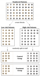 Box labeled 'numbered patients' that has 54 blue or orange circles numbered from 1-54. Two arrows point from this box to 2 boxes below it with the caption 'create blocks'. The left box is all of the oragne cirlces grouped toegether labeled 'low-risk patients'. The right box is all of the blue circles grouped together labeled 'high-risk patients'. An arrow points down from the left box and the right box with the caption 'randomly split in half'. The arrows point to a 'Control' box and a 'Treatment' box. Both of these boxes have half orange circles and half blue circles.