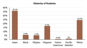Bar graph with Y axis ranging from 0% to 40% by 5%. X axis values: Asian (26.1%), Black (5.8%), Filipino (5.3%), Hispanic (17.1%), Native American (0.6%), Pacific Islander (1%), White (24.5%).