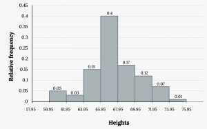 Histogram consists of 8 bars with the y-axis in increments of 0.05 from 0-0.4 measuring relative frequency and the x-axis in intervals of 2 from 59.95-75.95 measuring heights. The highest is 25.95-67.95.