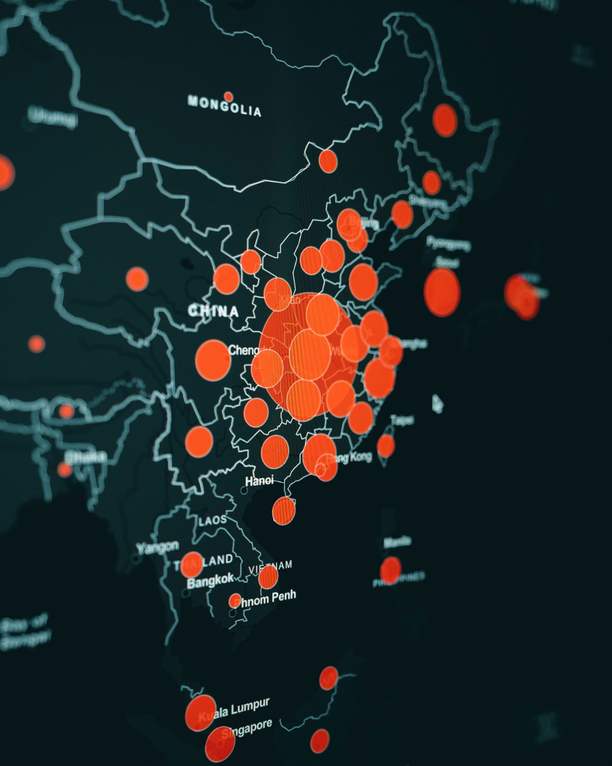 Map of the world with orange circles varying in size placed on the map and overlap