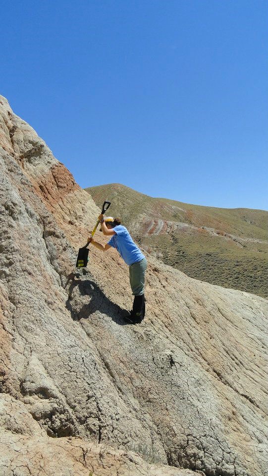 A woman is standing on a tan, gray, and red crumbly hillslope holding a shovel pointed downward.