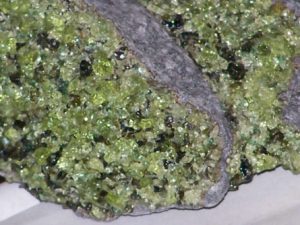 A rock sample that shows many small granular crystals of the green mineral olivine in a gray basalt.