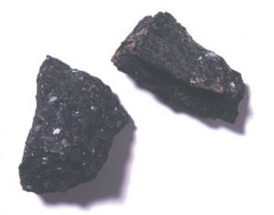 Two shiny black crystals of hornblende