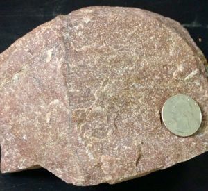 Chunk of pinkish tan rock with interlocking crystals; a US quarter rests on the sample for scale.