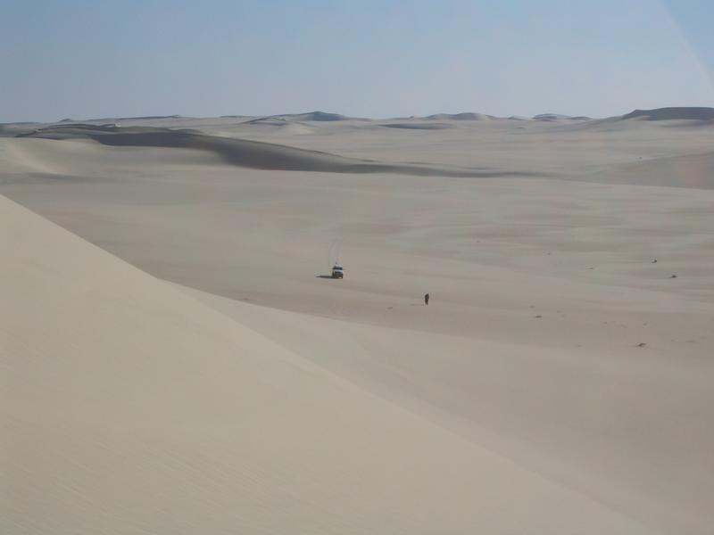 Vast tan, sandy desert landscape. A single person and a white vehicle can be seen in the distance.