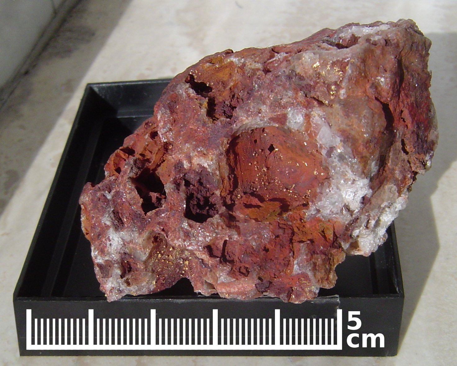 Chunk of brick red rock with flecks of gold left behind in a void. A 5 cm scale bar spans the width of the rock sample.