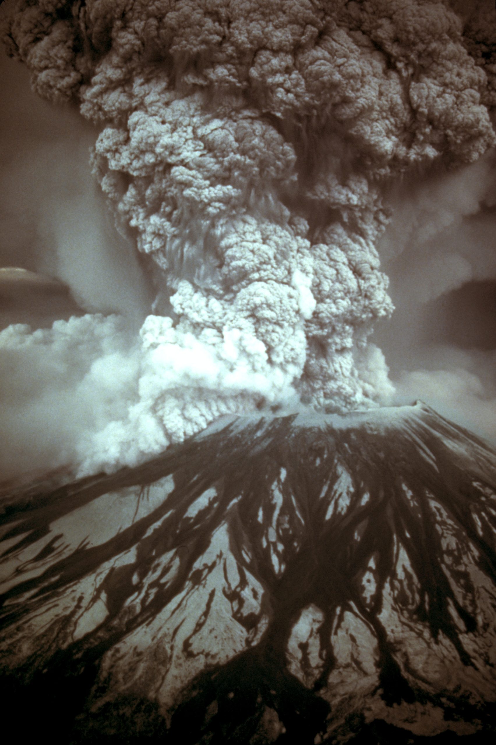 Black and white photo of a large volcano erupting with billowing smoke and dark flows down its flanks.