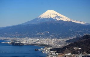 Tall, nearly-symmetrical snow-capped mountain.