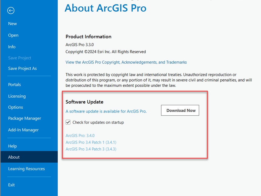 Figure 1.3. About ArcGIS Pro Product Information page showing software updates.