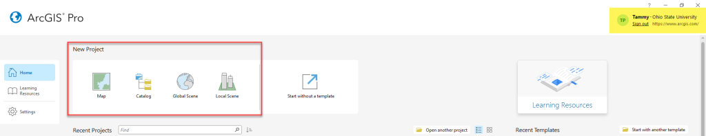 Figure 1.6. ArcGIS Pro window showing user signed in and Recent Projects list