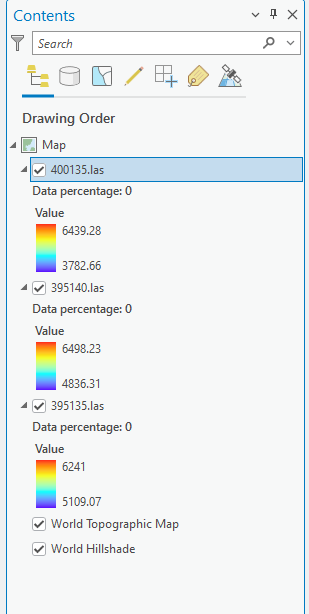 Figure 10.17 Showing the Symbology in Contents for Each las File