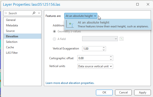 Figure 11.16 Elevation menu in Layer Properties