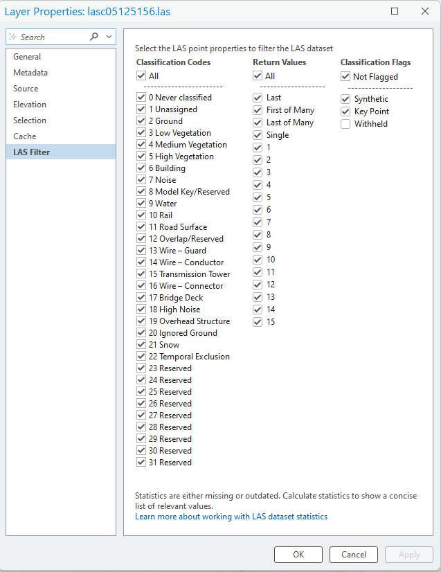 Figure 11.19 LAS Filter under Layer Properties