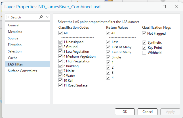 Figure 13.29 LAS Filter Tab under Properties