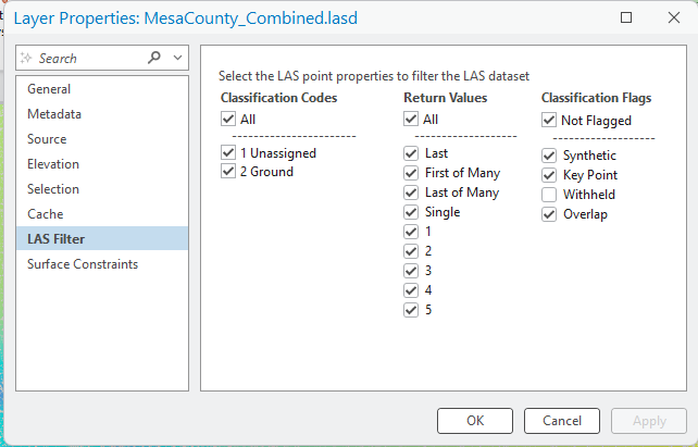 Figure 13.40 Properties LAS Filter Tab for Combined File