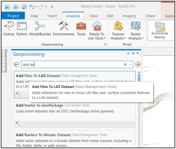 Searching for "add las" in the Geoprocessing pane