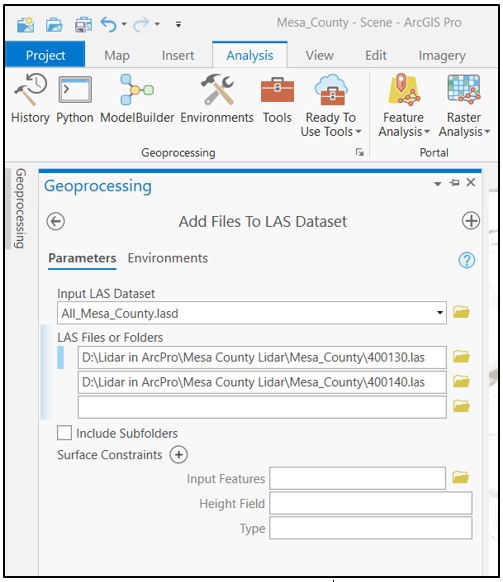 Add Files to LAS Dataset with form completed