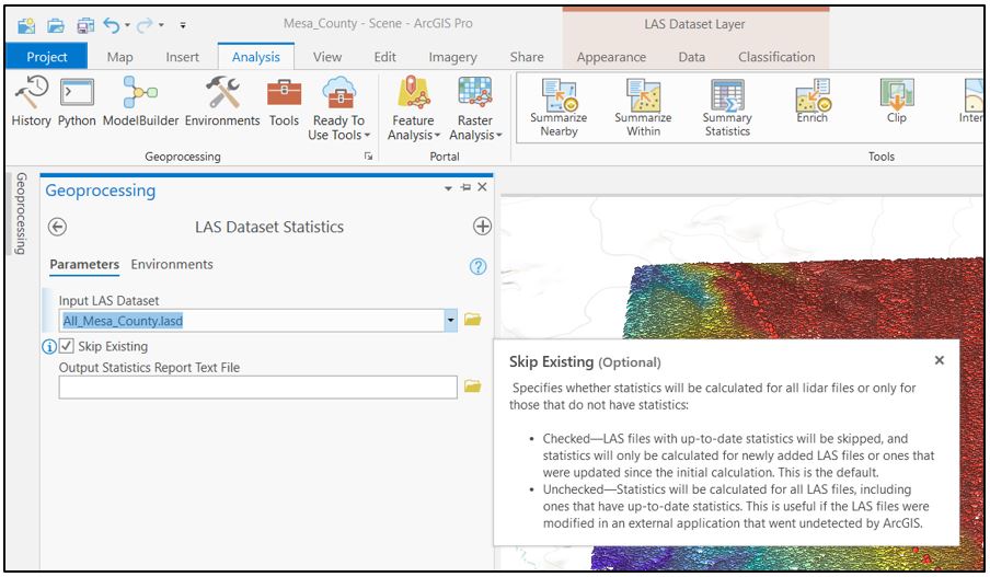 The LAS Dataset Statistics tool with the Mesa County dataset added
