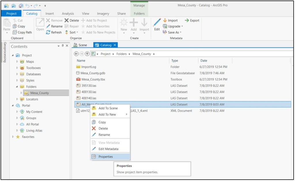 Navigating to properties for the las dataset