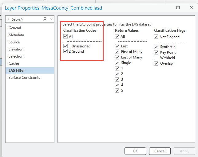 Figure 15.25 LAS Filters under Properties