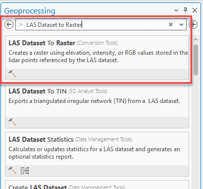Figure 22.2 LAS Dataset to Raster Tool Search
