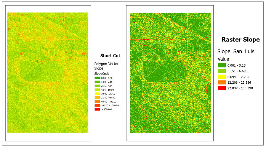 Figure 22.23 Comparison of Polygon Slope to Raster Slope
