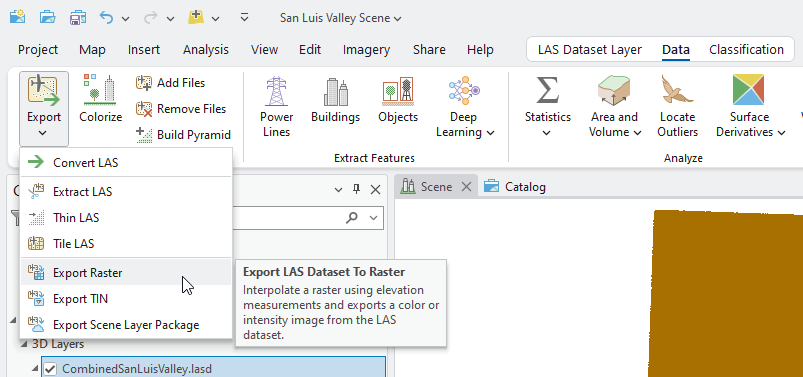 Figure 22.3 Export LAS Dataset to Raster Short Cut