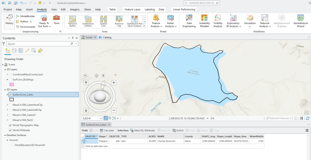 Figure 24.15 Lakes Attribute Table Showing a Bottom Elevation