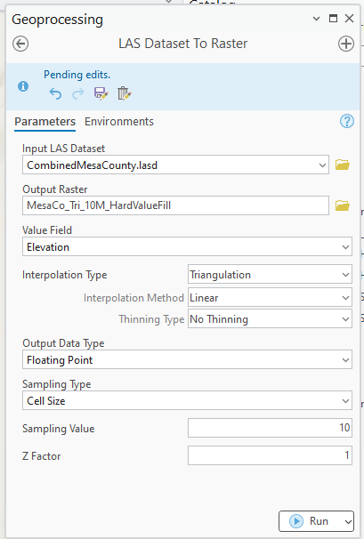Figure 24.21 LAS Dataset to Raster Tool with Triangulation and Hard Value Fill