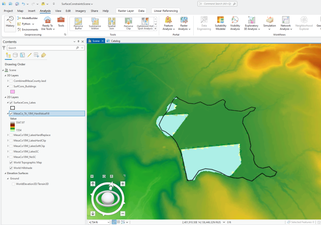 Figure 24.22 DEM Resulting from Triangulation with Hard Value Fill for Lake