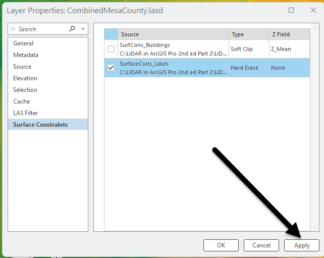 Figure 24.6 Choosing the Lakes Surface Constraint in Properties