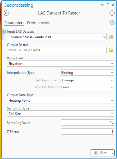 Figure 24.7 LAS Dataset to Raster Tool with Lakes Surface Constraint